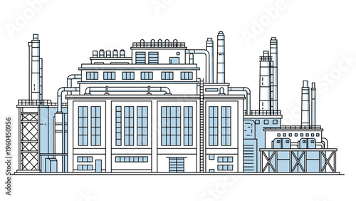 Technical blue and white line drawing illustrates a large scale industrial factory complex with pipes, chimneys, and storage tanks.