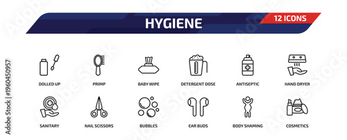 hygiene outline icon set. 12 linear vector for ui, web and mobile. thin line dolled up, primp, baby wipe and more icons.