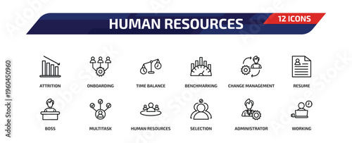 human resources outline icon set. 12 linear vector for ui, web and mobile. thin line attrition, onboarding, time balance and more icons.
