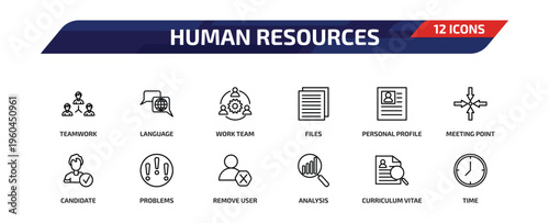human resources outline icon set. 12 linear vector for ui, web and mobile. thin line teamwork, language, work team and more icons.