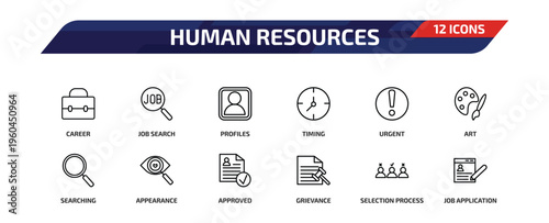 human resources outline icon set. 12 linear vector for ui, web and mobile. thin line career, job search, profiles and more icons.