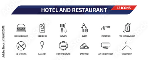 hotel and restaurant outline icon set. 12 linear vector for ui, web and mobile. thin line cheese burger, cookbook, cutlery and more icons.
