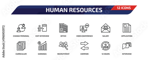 human resources outline icon set. 12 linear vector for ui, web and mobile. thin line change personal, exit interview, office and more icons.