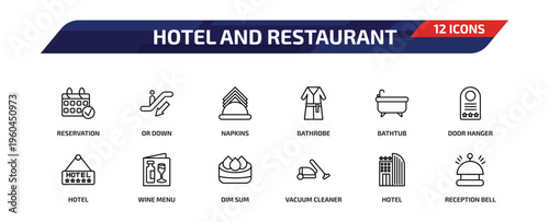 hotel and restaurant outline icon set. 12 linear vector for ui, web and mobile. thin line reservation, or down, napkins and more icons.