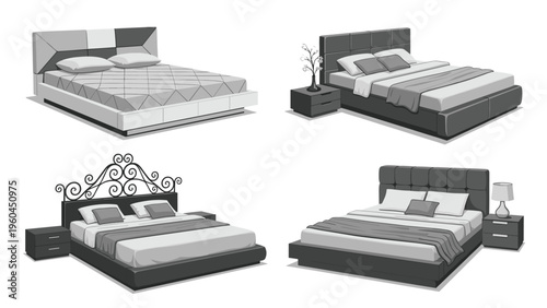 Set of modern double bed designs shows various styles of headboards and bed frames in a clean grayscale illustrative presentation.