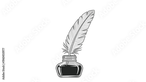 Vintage writing set includes a detailed quill feather pen and a glass inkwell filled with dark ink for traditional calligraphy art.