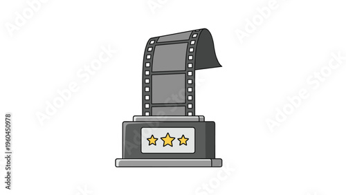 Prestigious movie award trophy features a base with three stars and a winding strip of cinema film reel as the main decorative element.
