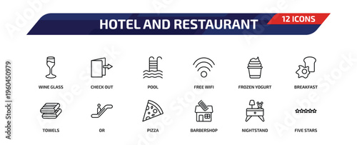 hotel and restaurant outline icon set. 12 linear vector for ui, web and mobile. thin line wine glass, check out, pool and more icons.