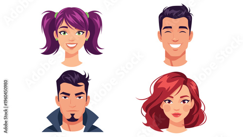 Diverse collection of colorful cartoon avatars displays various male and female characters with different hair colors and styles.