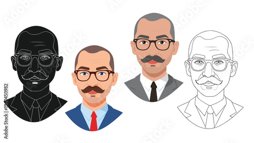 Multi-style illustration set of a mature man with glasses and a mustache presented in silhouette, color, and line art versions.