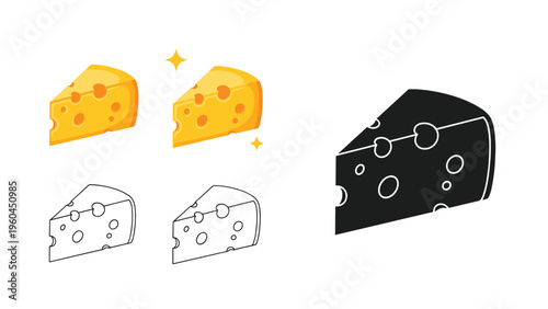 Assorted cheese wedge icons are shown in various graphic styles including vibrant color with stars, simple outline, and black silhouette.