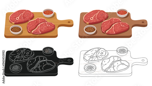 Cooking concept displays two raw beef steaks on a wooden cutting board accompanied by two bowls of savory sauce in four visual styles.