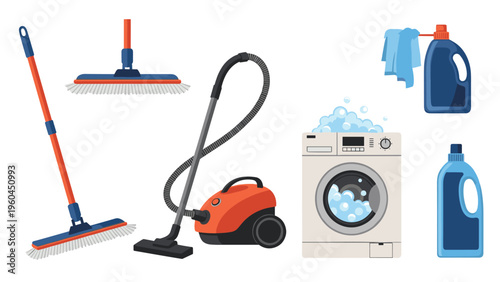 Comprehensive set of household cleaning equipment features a broom, mop, vacuum cleaner, washing machine, and various detergent bottles.