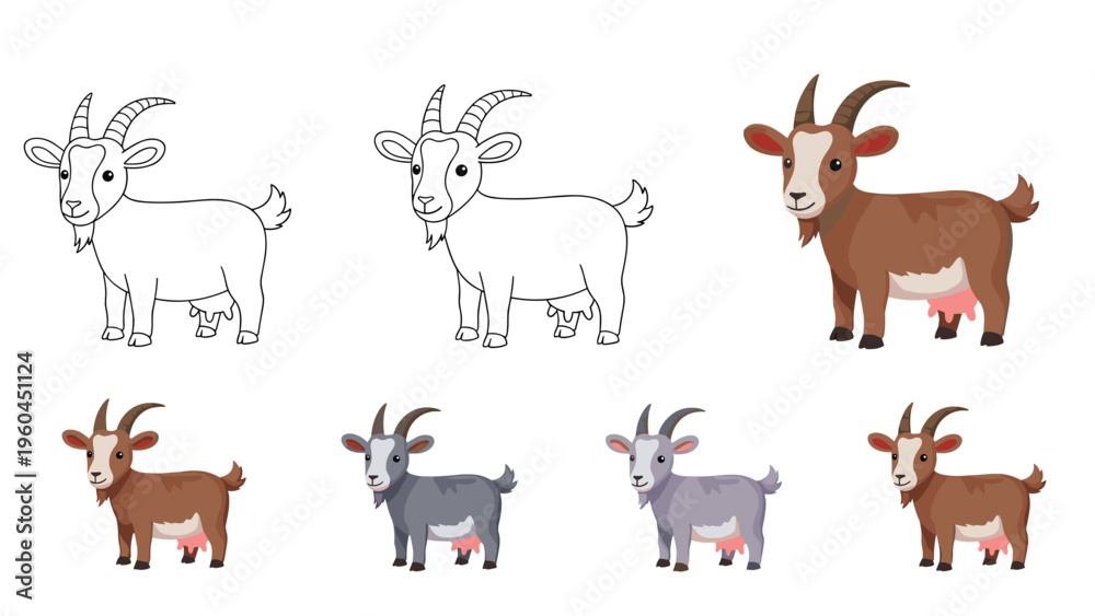 Obraz premium Seven variations of a cute goat character are presented in different colors and artistic styles from line art to flat illustrations.