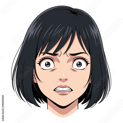 Surprised cartoon woman with dark hair.