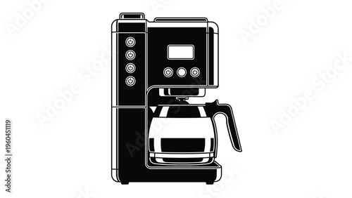Solid black silhouette of a modern automatic drip coffee maker with a glass carafe is isolated on a plain white background.