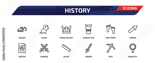 history outline icon set. 12 linear vector for ui, web and mobile. thin line digger, diaur, viking helmet and more icons.