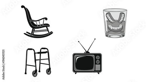 Senior care concept icons include a comfortable rocking chair, dentures in a glass, a mobility walker, and a vintage television set.