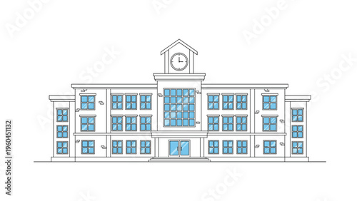 Simple blue and white line drawing of a large academic school building features a central clock tower and multiple windowed wings.