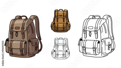 Vintage style backpack illustration shown in color outline and silhouette versions for outdoor travel hiking and school bag projects.