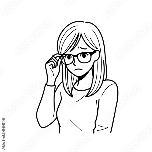 Woman adjusting her glasses looking puzzled.