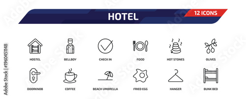 hotel outline icon set. 12 linear vector for ui, web and mobile. thin line hostel, bellboy, check in and more icons.