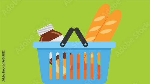 Blue plastic shopping basket is filled with fresh long baguettes and a jar of food against a bright green background with shadows.