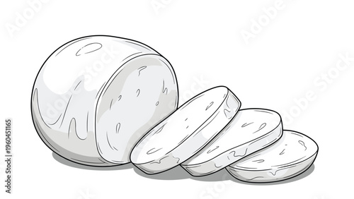 Hand drawn slices of mozzarella or fresh cheese in a sketchy style showing a whole ball and several cut pieces for food design projects.