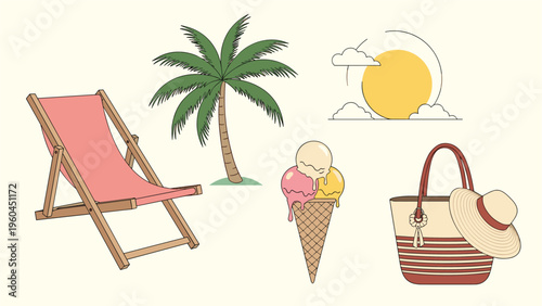 Summer vacation holiday set featuring pink deck chair palm tree sun with clouds ice cream beach bag and sun hat on cream background.