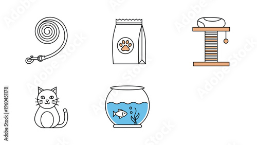 Domestic pet care items collection featuring a leash bag of food cat tree pet kitten and small fish bowl with blue water and goldfish.