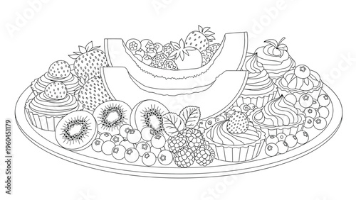 Elaborate platter of fresh fruit including kiwi berries and melon slices alongside small cupcakes in a black and white outline style.