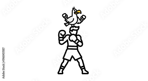 Comical pugilist and his avian companion ready for an unconventional ring battle setup