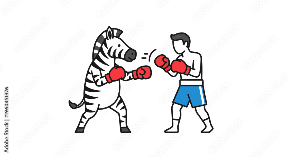 Fototapeta premium Whimsical boxing match between a striped zebra and a human boxer in an iconic duel