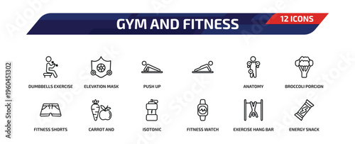 gym and fitness outline icon set. 12 linear vector for ui, web and mobile. thin line dumbbells exercise, elevation mask, push up and more icons.
