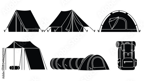 Collection of solid black silhouette icons for camping and outdoor adventure featuring various tents and a large hiking backpack.