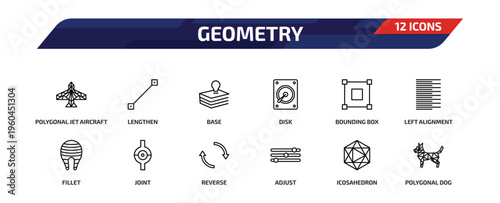 geometry outline icon set. 12 linear vector for ui, web and mobile. thin line polygonal jet aircraft, lengthen, base and more icons.