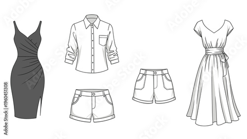 Line art sketches of diverse women clothing items including a form fitting dress a shirt with pockets and two pairs of summer shorts.