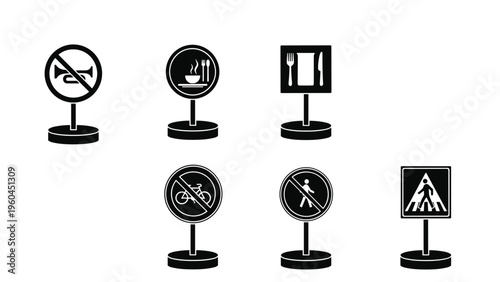 Collection of black and white road and safety sign icons including no horn no bicycles no pedestrians and pedestrian crossing symbols.