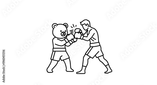 A captivating line art vector illustration of a boxing match featuring a human athlete competing