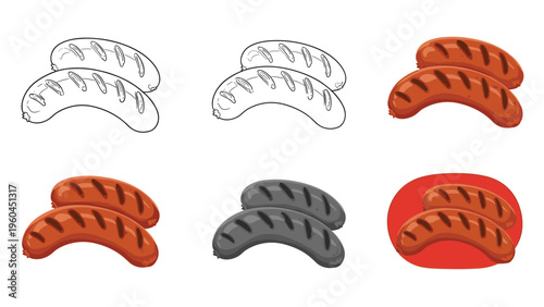 Set of grilled sausages shown in various artistic styles including black and white outline shaded full color and a circular badge design.