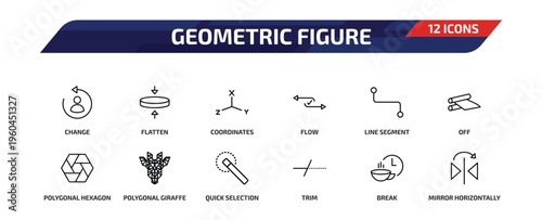 geometric figure outline icon set. 12 linear vector for ui, web and mobile. thin line change, flatten, coordinates and more icons.