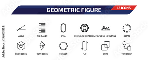 geometric figure outline icon set. 12 linear vector for ui, web and mobile. thin line angle, right align, oval and more icons.