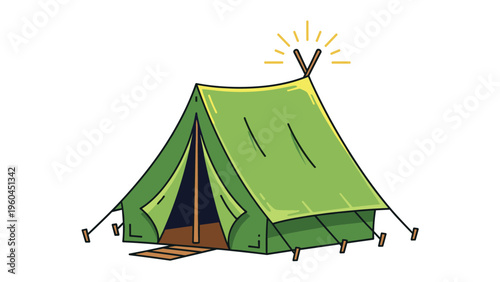 Classic green canvas camping tent with an open entrance and a glowing star or light above it on a white background for travel concepts.