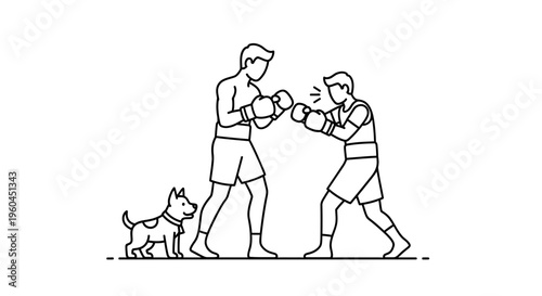 Dynamic minimalist line art illustration of two boxers training with their loyal canine companion