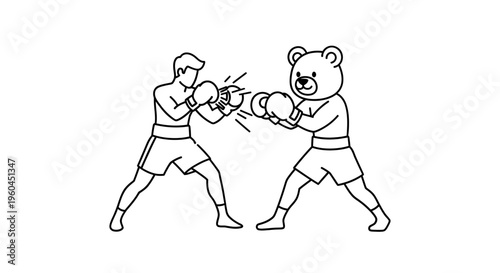 Whimsical line art portraying an unexpected boxing match between a man and a bear-headed figure