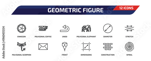 geometric figure outline icon set. 12 linear vector for ui, web and mobile. thin line ennegon, polygonal coffee cup, undo and more icons.