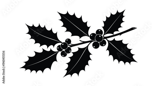 Solid black silhouette of a holly branch with three leaves and a cluster of berries perfect for traditional holiday graphic design.