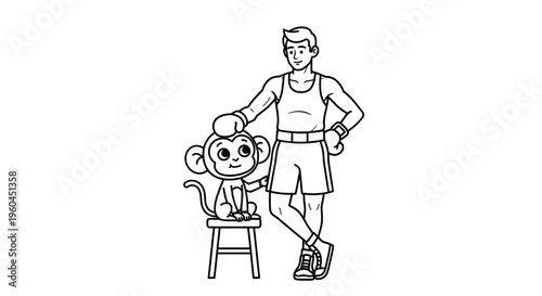 Cartoon illustration of a smiling boxer with his cute monkey friend on a stool posing together