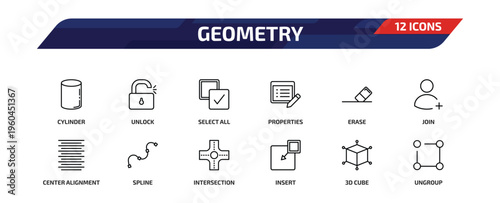geometry outline icon set. 12 linear vector for ui, web and mobile. thin line cylinder, unlock, select all and more icons.