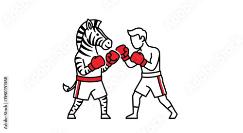 A unique black and white striped zebra squares off against a human fighter in a lively sparring